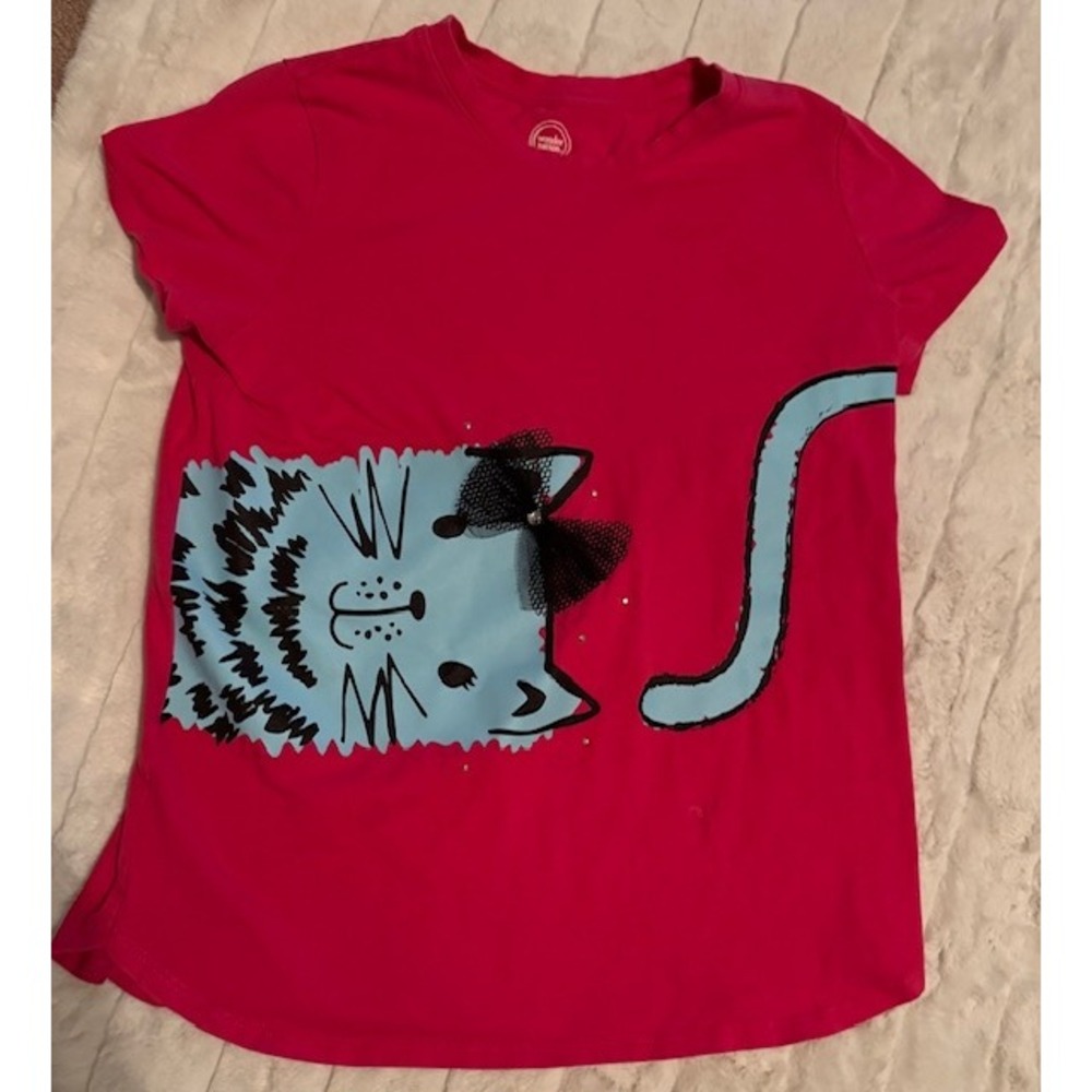 Wonder Nation Girls Pink Cat Graphic T-Shirt XL 14-16 Blue Kitty Bow Sparkle